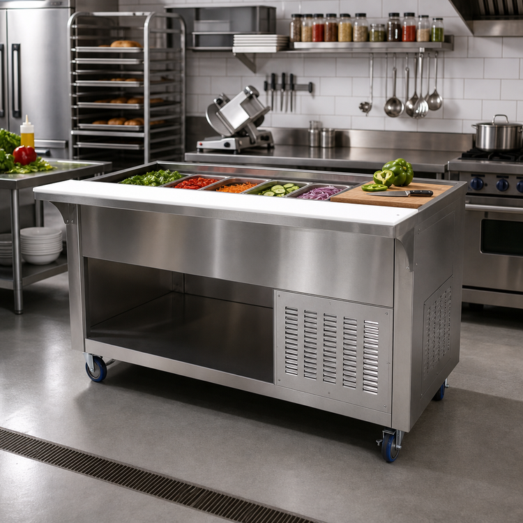 Product image #2 for Advance Tabco 4-Pan Refrigerated Cold Pan Table with Enclosed Base and 8-Inch Cutting Board