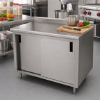 Thumbnail image #2 for Advance Tabco CF-SS-244 Enclosed Stainless Steel Work Table with Sliding-Door Cabinet Base, 48 x 24 Inch, 14-Gauge 304 Top, 1-1/2-Inch Up-Turn