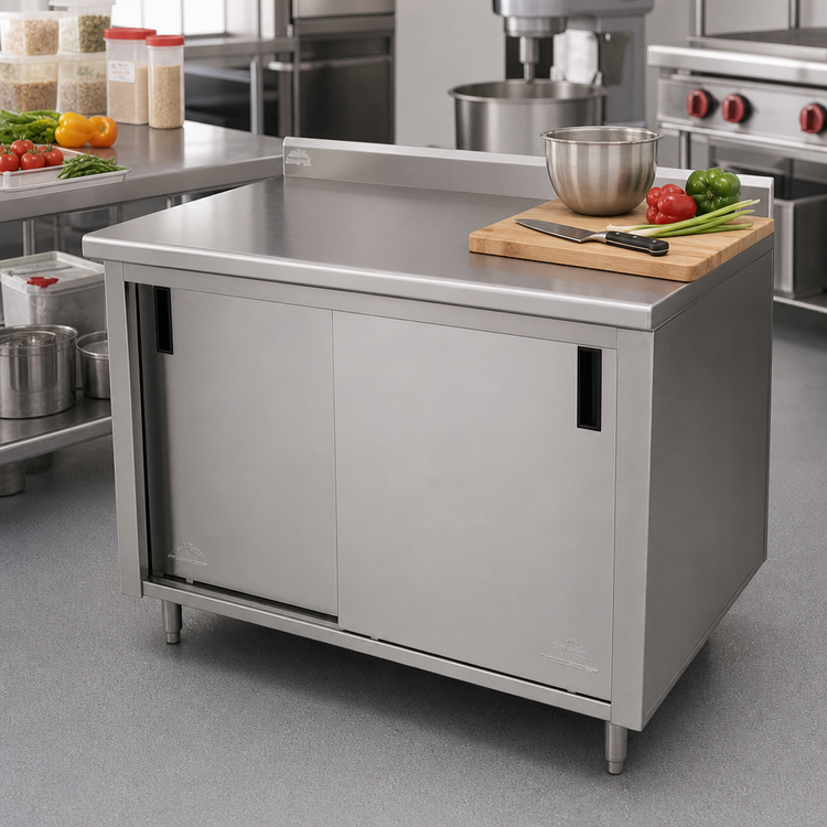 Product image #2 for Advance Tabco Enclosed Work Table with Cabinet Base and Sliding Doors, 48 x 24 Inch, 14 Gauge 304 Stainless Steel Top