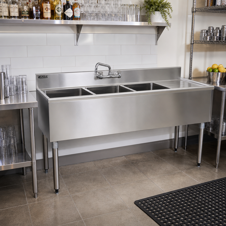 Product image #2 for Eagle Group 1800 Series Three-Compartment Underbar Sink Unit with Right Drainboard, 60 Inch x 20 Inch, 304 Stainless Steel