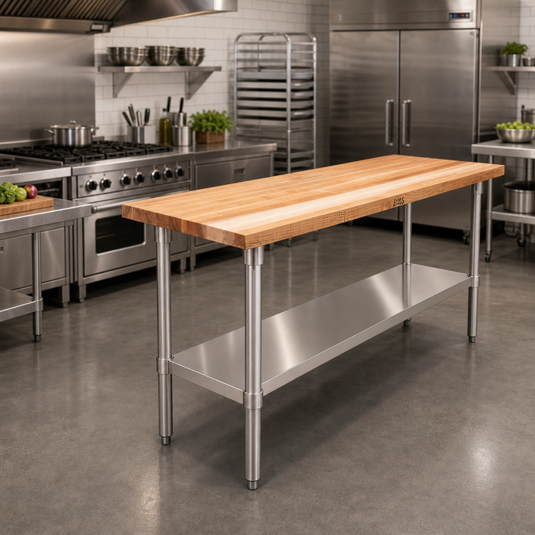 Product image #2 for John Boos 96-Inch x 18-Inch Northern Hard Rock Maple Wood Top Work Table with Stainless Steel Legs and Adjustable Undershelf