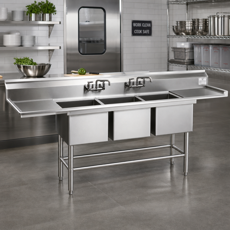 Product image #2 for Spec-Master FN2860-3-18R-14/3 Three Compartment Stainless Steel Sink with Right Drainboard