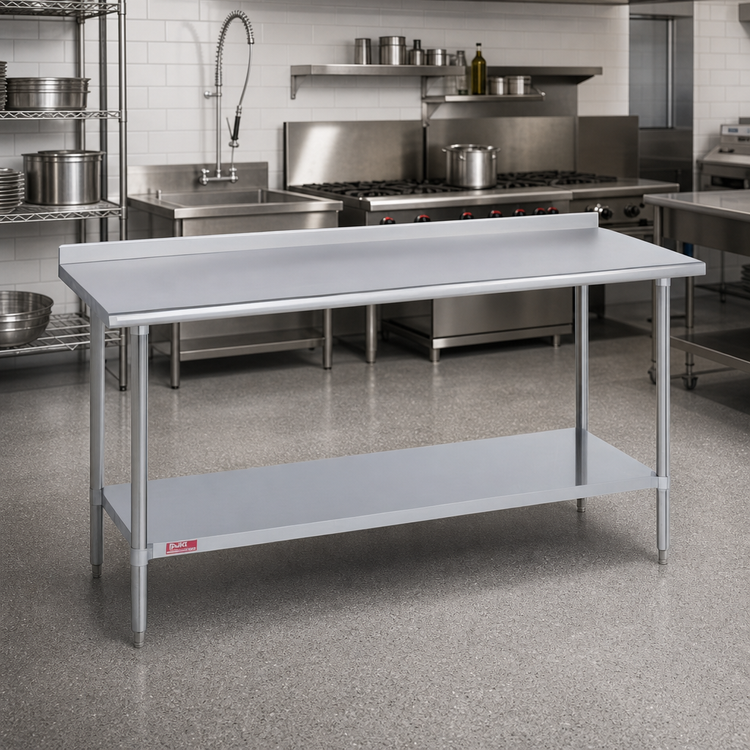 Product image #2 for Duke 72-Inch x 36-Inch 16-Gauge 300 Series Stainless Steel Work Table with 1-1/8-Inch Riser and Galvanized Undershelf