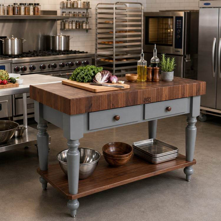 Product image #2 for American Heritage Rustica 48-Inch American Black Walnut Butcher Block Work Table with 4-Inch End Grain Top, Lower Shelf, and 2 Drawers