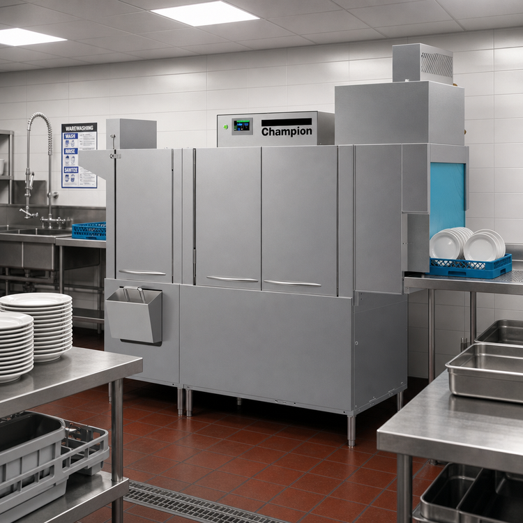 Product image #2 for Champion E-Series DualRinse Pro Series 76-Inch High-Temp Electric Rack Conveyor Dishwasher with Heat Recovery
