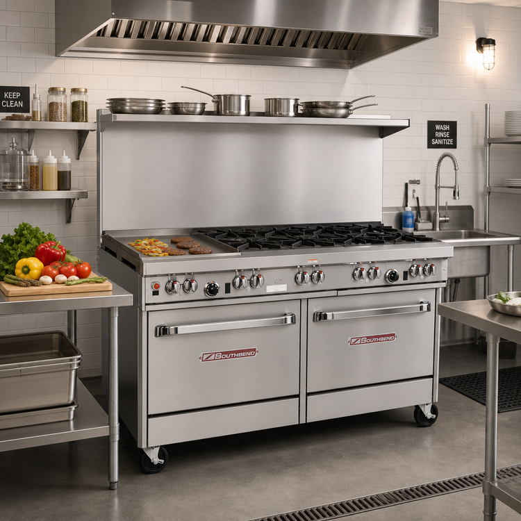 Product image #2 for Southbend Ultimate 60-Inch Commercial Gas Restaurant Range with 5 Burners, 24-Inch Griddle, 2 Cabinets and Hi-Shelf
