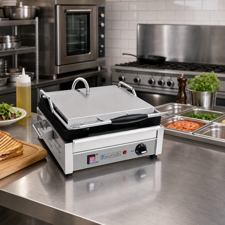 Product image #2 for Eurodib Single Countertop Panini Press with 14 x 10 Inch Cast Iron Smooth Top and Bottom Plates, 240V