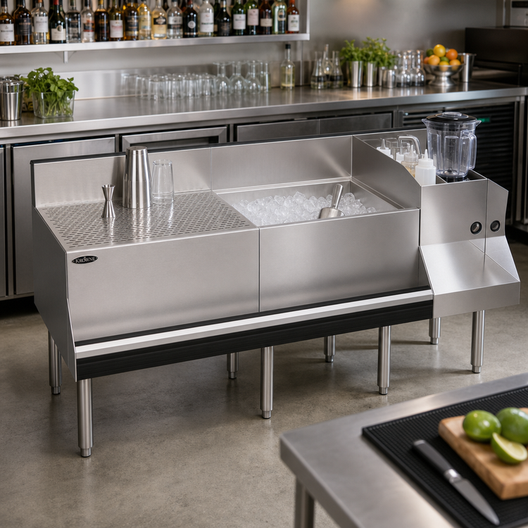 Product image #3 for Krowne Royal Series 60-Inch Underbar Ice Bin/Cocktail Station with 24-Inch Drainboard, 12-Inch Blender Station and 10-Circuit Cold Plate