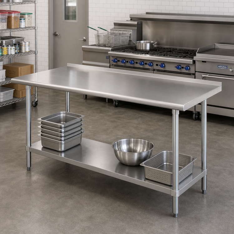 Product image #2 for Advance Tabco 120 Inch x 36 Inch 14 Gauge 304 Stainless Steel Work Table with Adjustable Undershelf and 1-1/2 Inch Rear Up-Turn