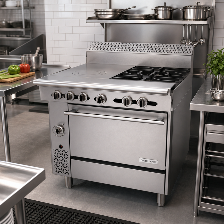 Product image #2 for Garland Cuisine Series 36-Inch Heavy Duty Combination Top Gas Range with Standard Oven, 2 Open Burners and Front-Fired Hot Top