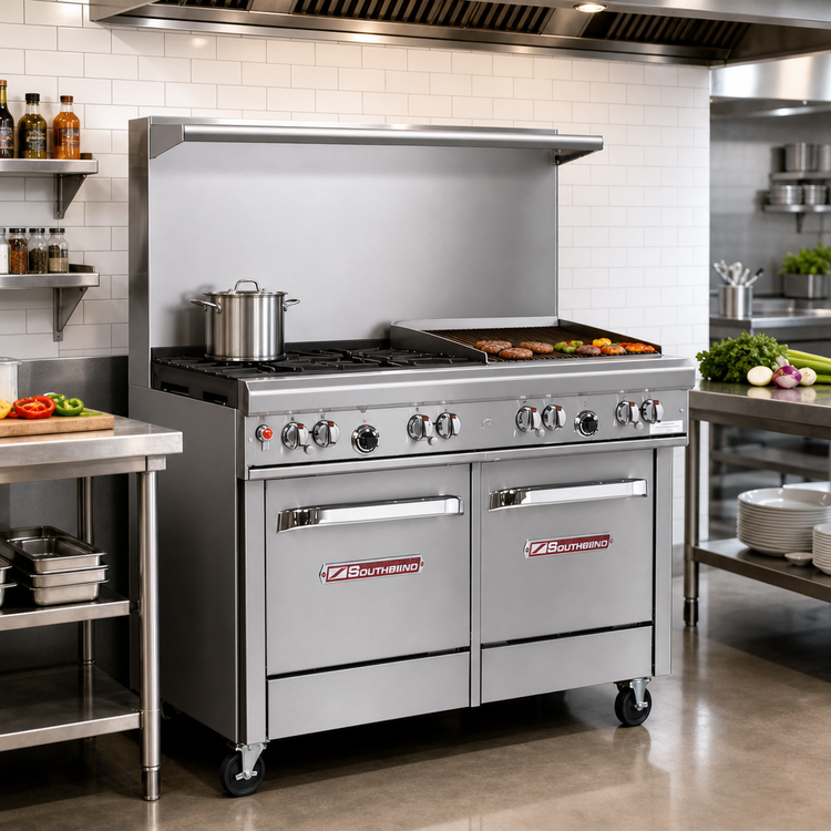 Product image #2 for Southbend Ultimate 48-Inch Gas Restaurant Range with 36-Inch Charbroiler and Double Space Saver Ovens