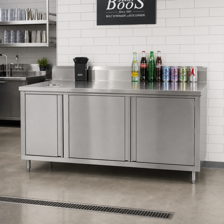 Product image #2 for John Boos 60-Inch Stainless Steel Beverage Unit with Cabinet Base, 5-Inch Backsplash, and Left Trash Chute