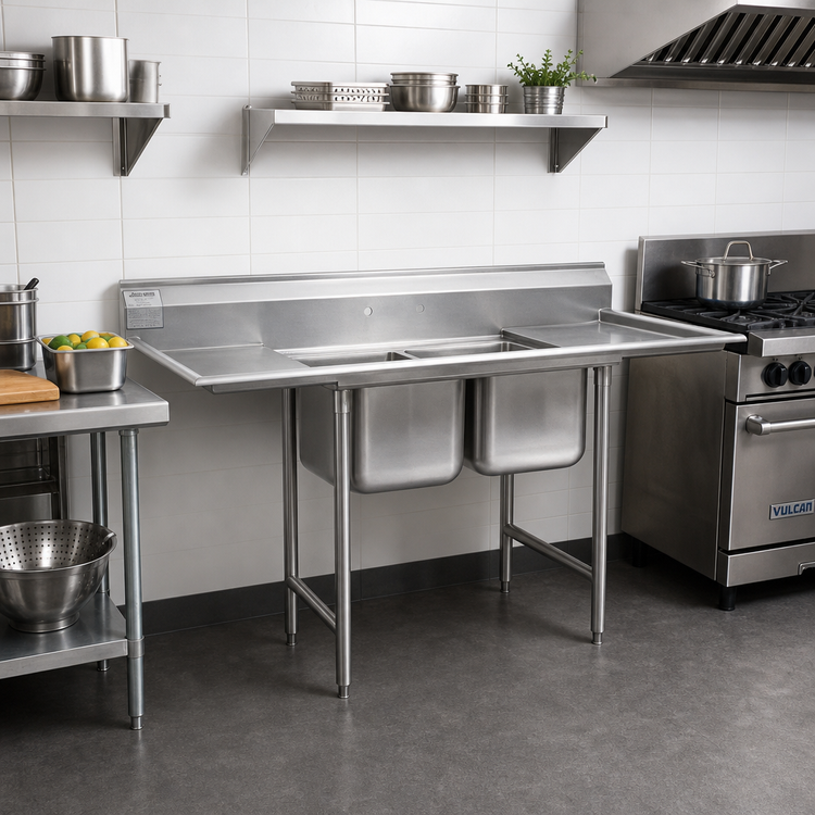Product image #2 for Eagle Group 314 Series Two-Compartment Sink with Left Drainboard, 304 Stainless Steel, 60-3/4 Inch Wide