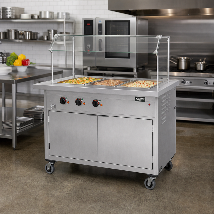 Product image #2 for Vollrath 2-Series Portable 3-Well Hot Food Station with Buffet Breath Guard and Enclosed Storage Base, Brushed Aluminum