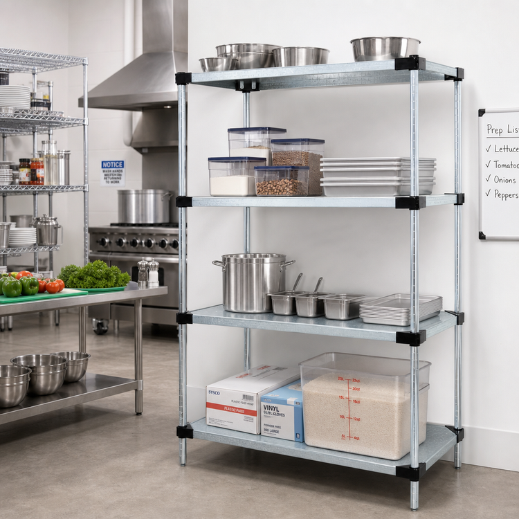 Product image #2 for Quantum Solid Shelving Starter Kit, 72 Inch W x 21 Inch D x 86 Inch H, 4 Shelves, Galvanized Steel/Chrome
