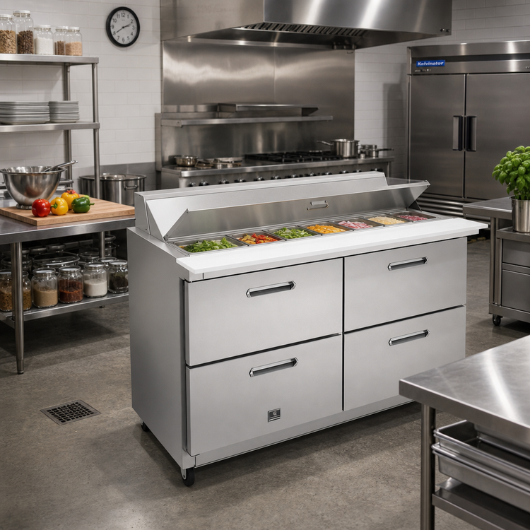 Product image #3 for Kelvinator Commercial 61-Inch Two-Section Mega Top 4-Drawer Refrigerated Prep Table, 24-1/6 Pan