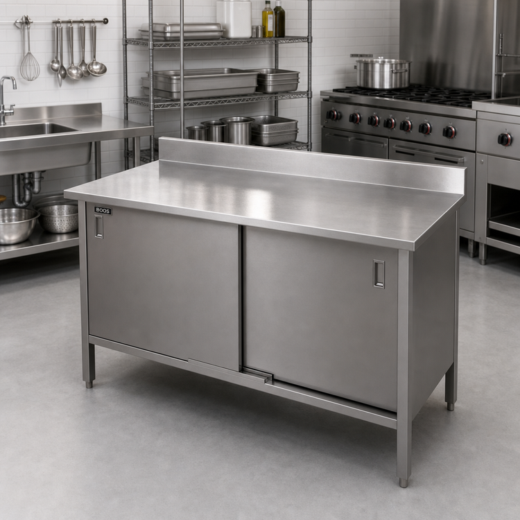 Product image #2 for John Boos 16-Gauge Stainless Steel Enclosed Base Work Table with Sliding Doors and 5-Inch Backsplash, 60 x 30 Inches