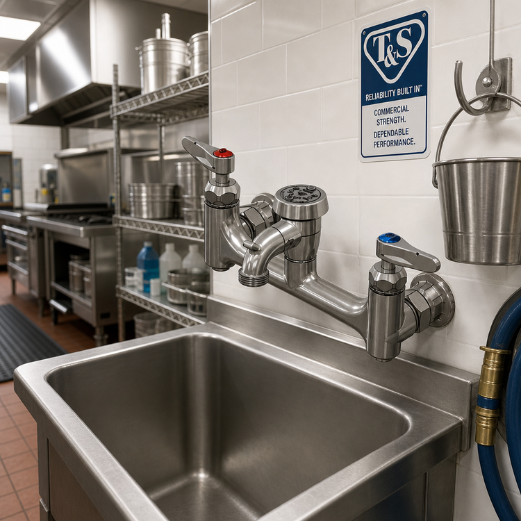 Product image #2 for T&S Brass Wall-Mount Service Sink / Mop Sink Mixing Faucet with Vacuum Breaker Spout, Pail Hook, Garden Hose Outlet, and 8-Inch Centers