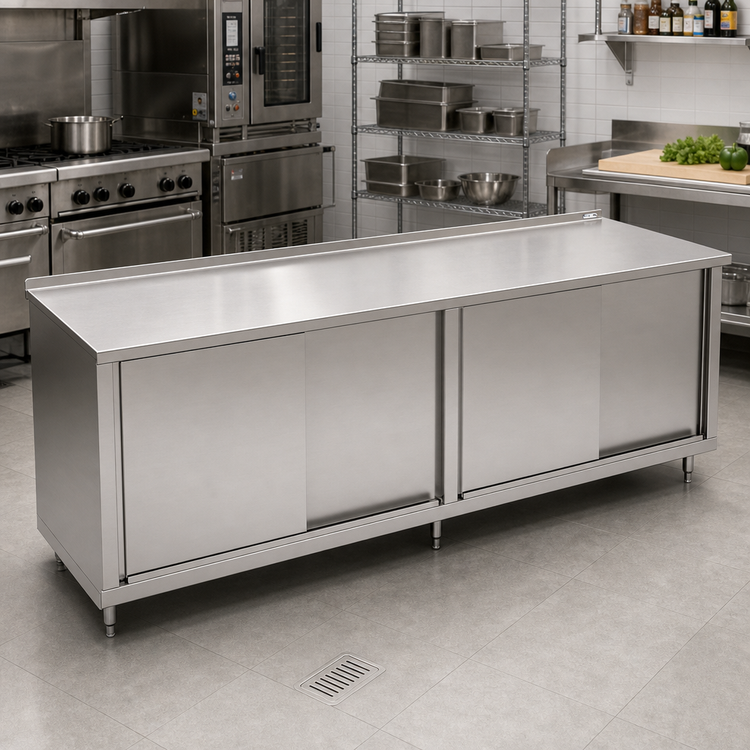 Product image #2 for John Boos Stainless Steel Enclosed Work Table Cabinet Base with Sliding Doors, 96 x 36 Inches