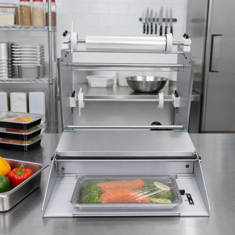 Product image #2 for Omcan Countertop Food Tray Wrapping Machine with 6 x 15-Inch Non-Stick Hot Plate