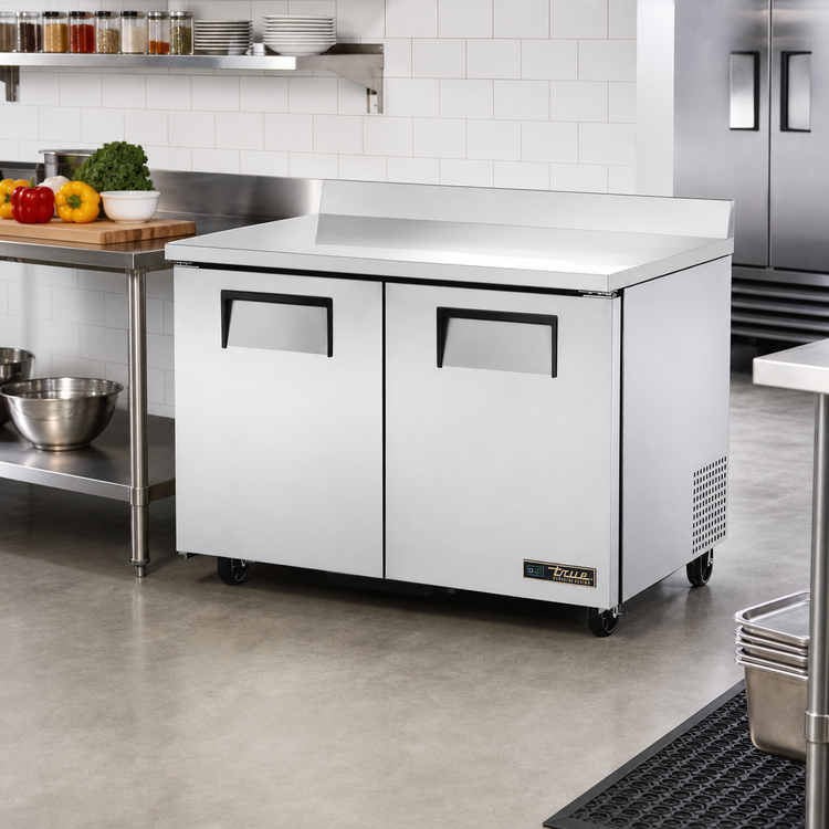 Product image #2 for True 48-Inch Two-Section Stainless Steel Worktop Freezer with Solid Doors and Rear-Mounted Self-Contained Refrigeration