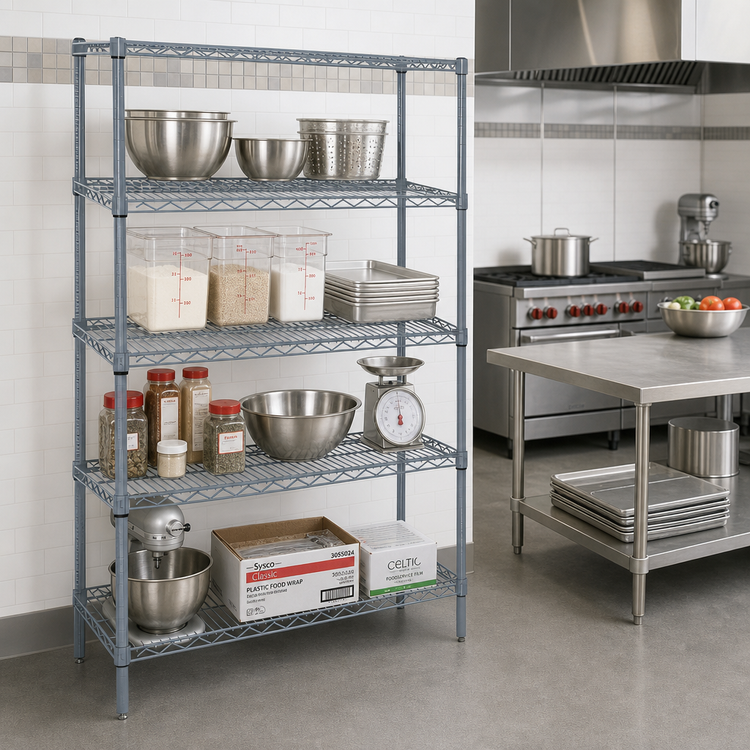 Product image #2 for Quantum Stationary Wire Shelving Starter Kit, 48 x 30 x 86 Inches, 5 Shelves, Gray Epoxy Antimicrobial Finish