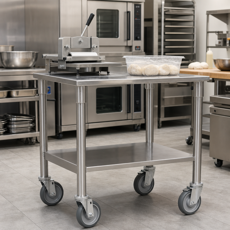 Product image #2 for Proluxe UT1330 Stainless Steel Utility Dough Press Table with Undershelf and Locking Casters