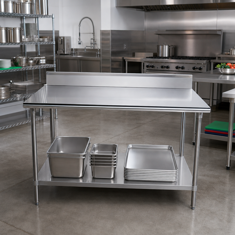 Product image #2 for Advance Tabco 60-Inch x 24-Inch 16-Gauge 430 Stainless Steel Work Table with 5-Inch Backsplash and Adjustable Undershelf