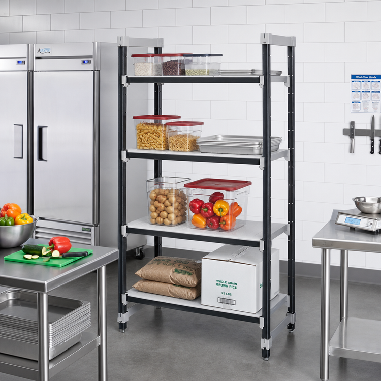 Product image #2 for Cambro Camshelving Elements XTRA Stationary Starter Unit, 18" x 36" x 72", 4 Solid Shelves, Speckled Gray