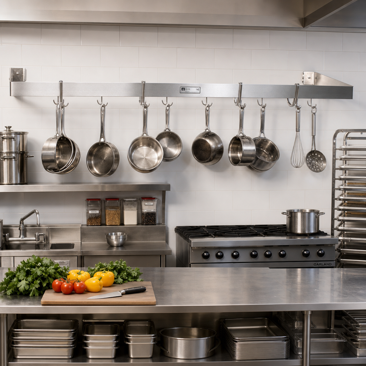 Product image #2 for John Boos Wall-Mount Single-Bar Stainless Steel Pot Rack with 6 Double Hooks, 72 Inch