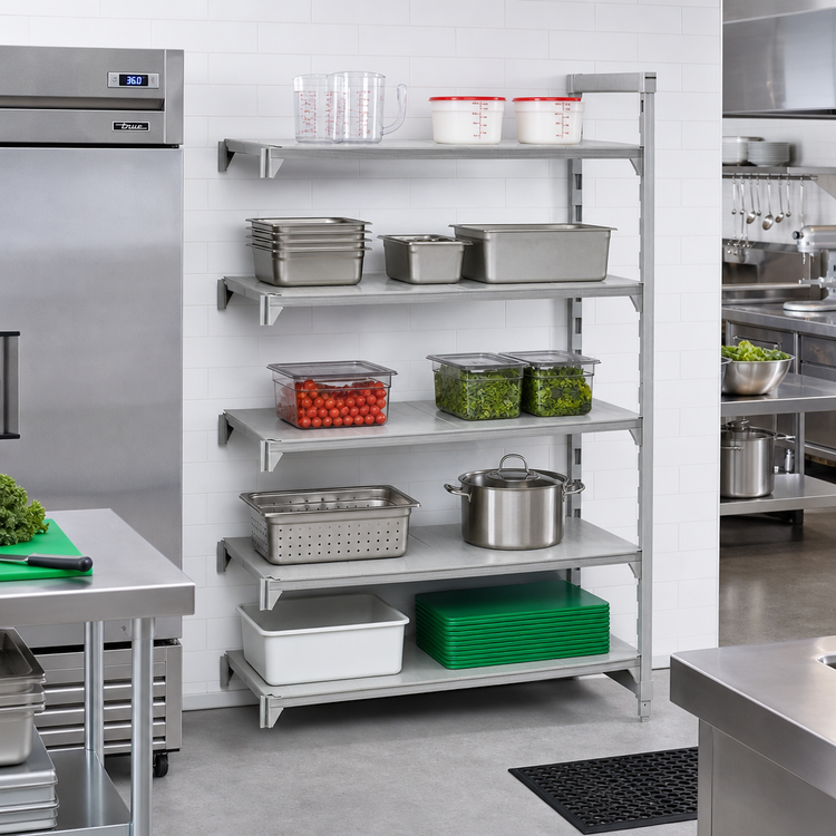 Product image #3 for Cambro Camshelving Premium 5-Shelf Solid Stationary Add-On Polymer Shelving Unit, 24 x 54 x 84 Inches, Speckled Gray