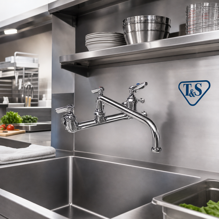 Product image #2 for T&S Extra Heavy Duty Splash-Mounted Faucet with 12-Inch Swing/Swivel Spout, 8-Inch Centers