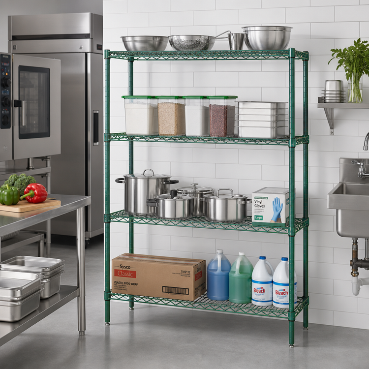 Product image #2 for Quantum 54"W x 14"D x 63"H Stationary Wire Shelving Starter Kit, Green Epoxy Finish
