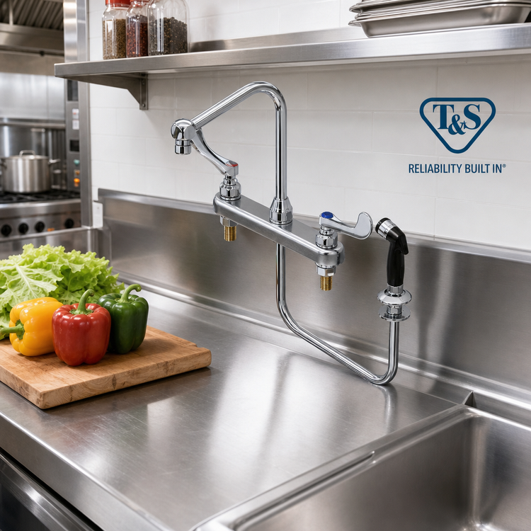 Product image #2 for T&S Brass B-1175 Deck-Mount Workboard Faucet with Side Spray, 8-Inch Centers, High-Rise Swivel Gooseneck Spout