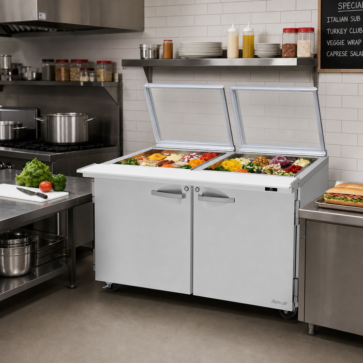 Product image #2 for Turbo Air PRO Series 2-Section Mega Top Sandwich/Salad Prep Table with Glass Lid, 24 Pan, 60-1/4-Inch