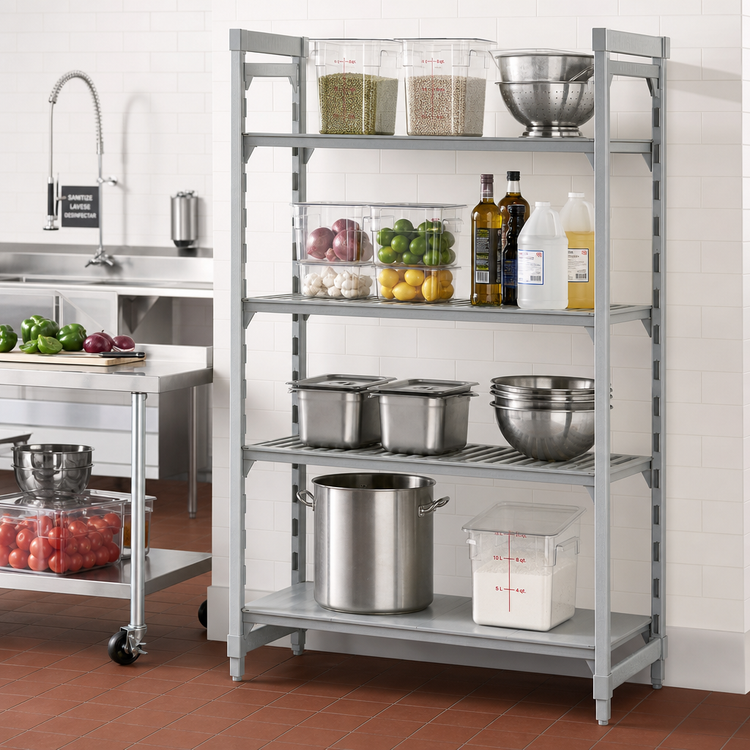Product image #3 for Cambro Camshelving Premium 4-Shelf Stationary Starter Unit with 3 Vented Shelves and 1 Solid Shelf, 18" x 48" x 72", Speckled Gray