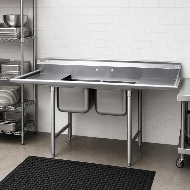 Product image #2 for Eagle Group 414 Series 2-Compartment Stainless Steel Drainboard Sink with Backsplash, 100-Inch Wide