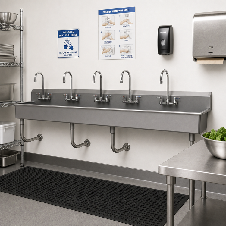 Product image #2 for Advance Tabco Wall-Mounted Multiwash Hand Sink, 100 Inch Wide, 5 Faucet Hole Sets, 304 Stainless Steel