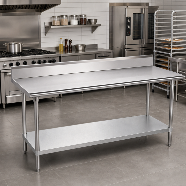 Product image #2 for Advance Tabco KMG-249 108-Inch x 24-Inch 304 Stainless Steel Work Table with 5-Inch Backsplash and Galvanized Undershelf