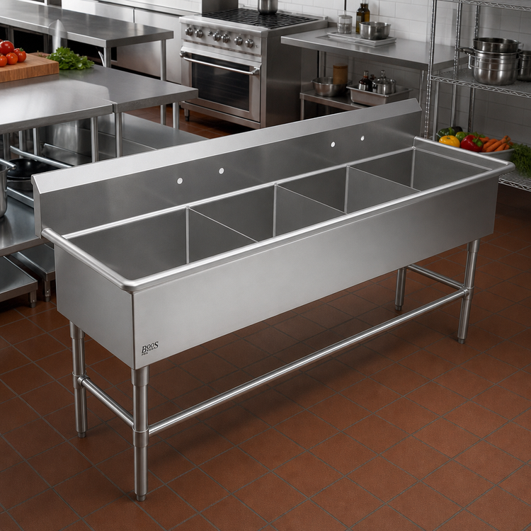 Product image #2 for John Boos Pro-Bowl 4-Compartment Stainless Steel Sink with 10-Inch Backsplash, 77-1/8 x 29-1/2 Inch, 18 x 24 x 12 Inch Bowls