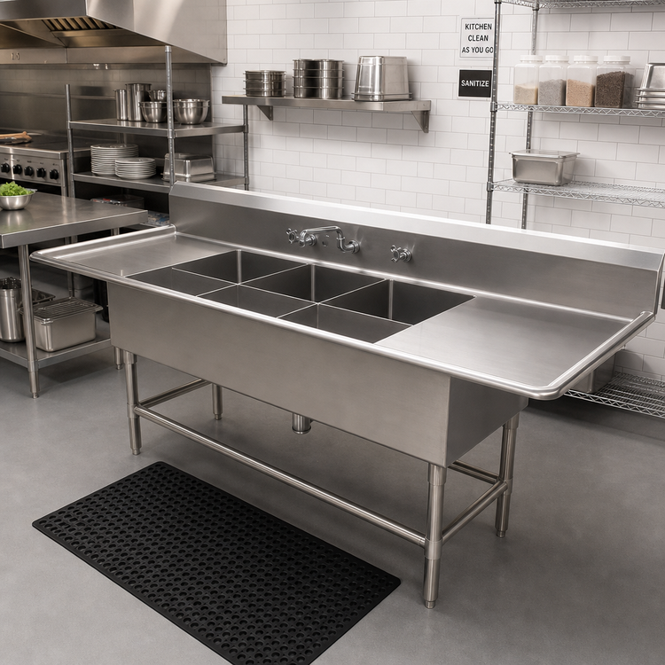 Product image #2 for John Boos Pro-Bowl 4-Compartment Floor Model Sink with Left & Right Drainboards, 14-Gauge Stainless Steel