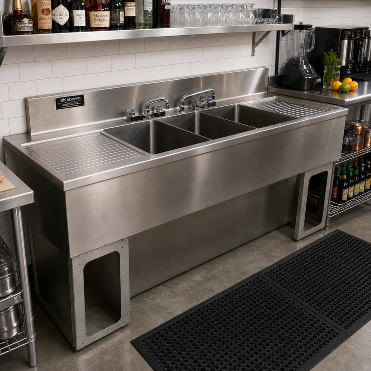 Product image #3 for BK Resources 84-Inch Four-Compartment Stainless Steel Underbar Sink with Dual Drainboards and Faucets