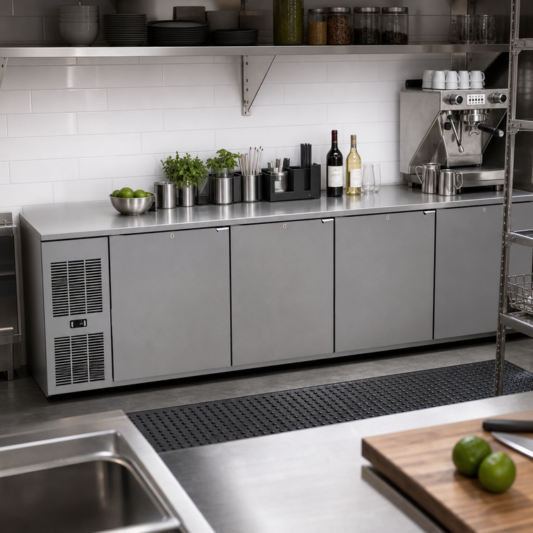 Product image #2 for Glastender One Zone Front-Serviced Low-Profile Undercounter Reach-In Cooler, 108 Inch, Four-Section, Self-Contained, Stainless Top