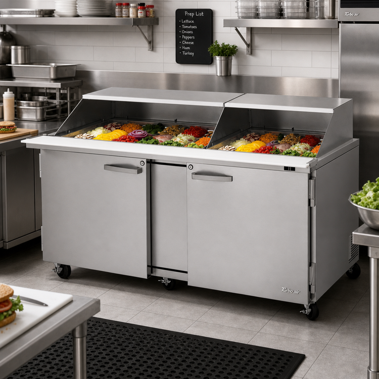 Product image #2 for Turbo Air PRO Series 2-Section Mega Top Sandwich/Salad Prep Table with Slide-Back Lid, 30-Pan, 72-5/8-Inch Wide