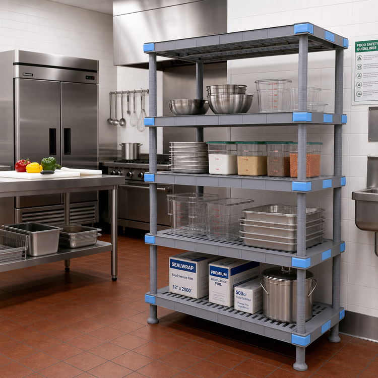 Product image #2 for Quantum Millenia 72-Inch Wide x 24-Inch Deep x 50-Inch High Polymer Shelving Unit with 4 Open Grid Shelves and Dunnage Stand