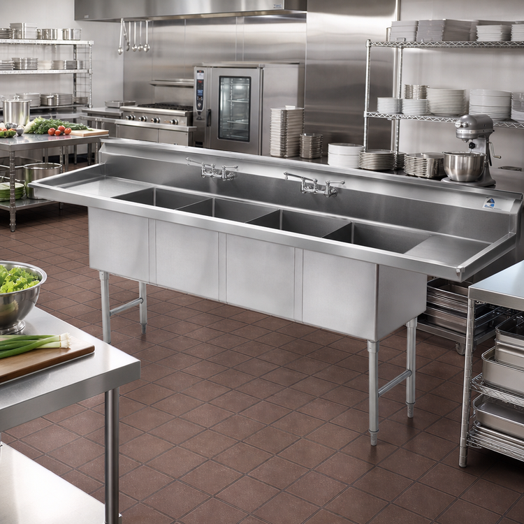 Product image #2 for Advance Tabco 4-Compartment Fabricated Sink with Left & Right Drainboards, 18 x 24 x 14-Inch Bowls, 108-Inch Wide