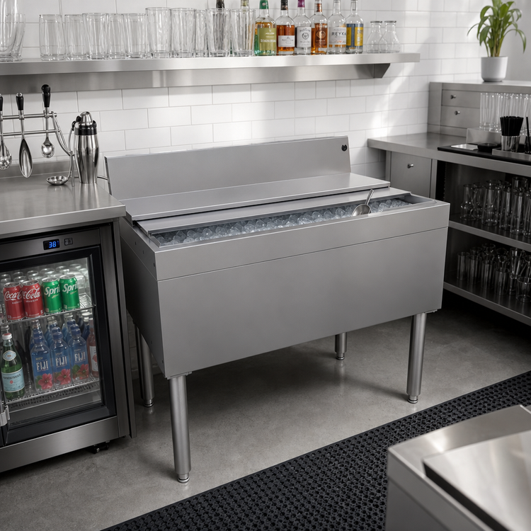 Product image #2 for Glastender 36 Inch x 24 Inch Underbar Ice Bin with Sliding Stainless Steel Cover, 127 lb Capacity