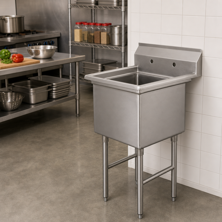 Product image #2 for Advance Tabco 1-Compartment Fabricated Stainless Steel Sink with 18 x 18 x 14 Inch Bowl, Tile Edge Splash, Legs, and No Drainboards