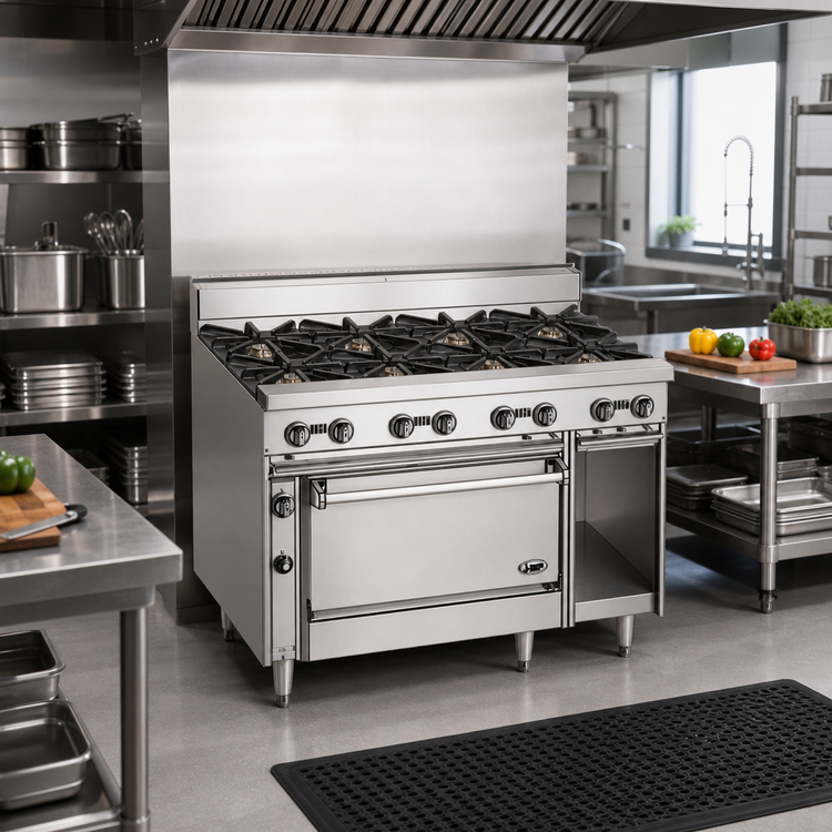 Product image #2 for Jade Bistro 48-Inch Shallow-Depth Heavy-Duty Gas Range with 8 Open Burners and Cabinet Base