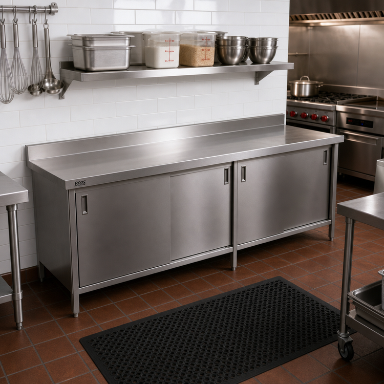 Product image #2 for John Boos Enclosed Base Work Table with Sliding Doors, 84 Inch W x 24 Inch D, 16-Gauge Stainless Steel Top, 5-Inch Backsplash